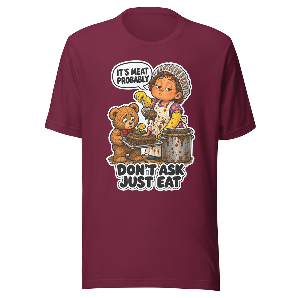 Lunch Lady Lou T-shirt in Maroon, front view
