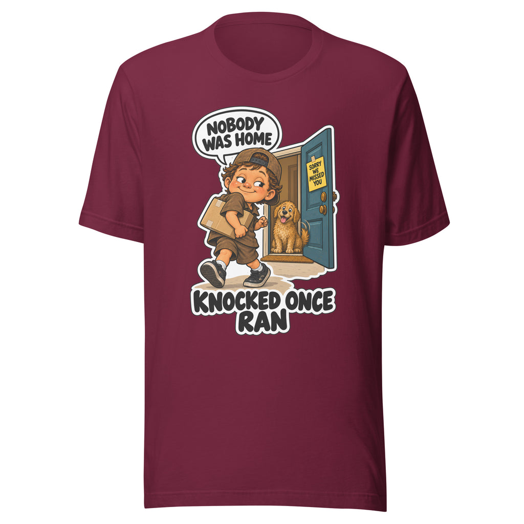 Delivery Dex T-shirt in Maroon, front view