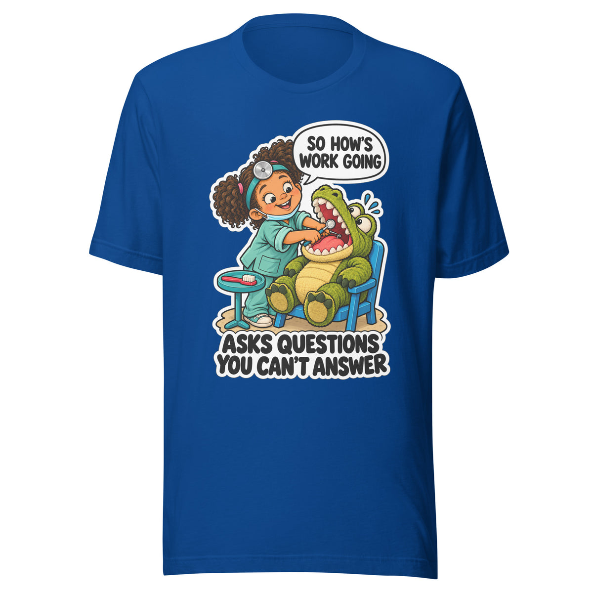 Dentist Dottie T-shirt in True Royal, front view