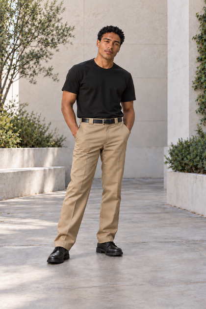 Khaki — Rafael, front view, Dickies Original 874 work pants; ModelGems for Zar Clothing