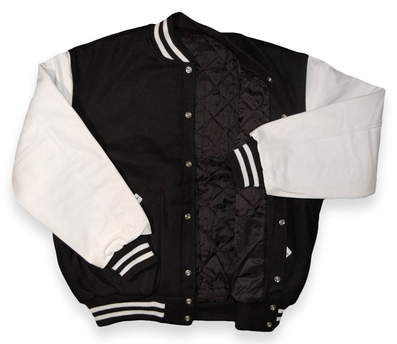 Baseball Jacket - Black Wool, White Pleather Sleeves with Lining