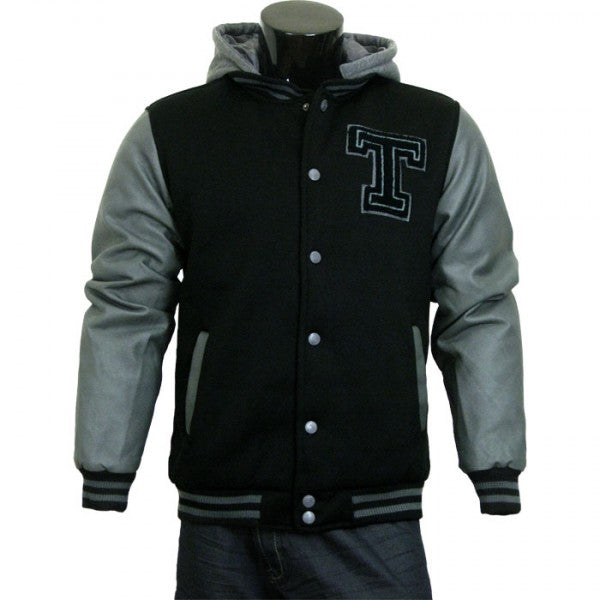 Varsity Jacket - Baseball Jacket - Letterman Jacket Men's Black Fleece Body and Gray Pleather Sleeves with Letter 'T'