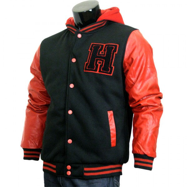 Varsity Jacket - Baseball Jacket - Letterman Jacket Men's Black Fleece Body and Red Pleather Sleeves with Letter 'H'