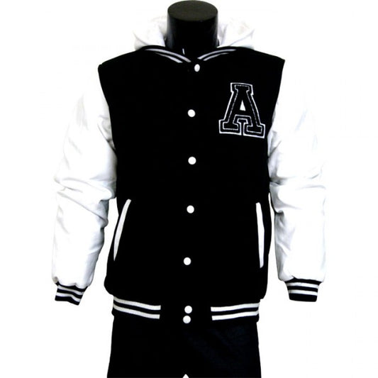 Varsity Jacket - Baseball Jacket - Letterman Jacket Men's Black Fleece Body and White Pleather Sleeves with Letter 'A'
