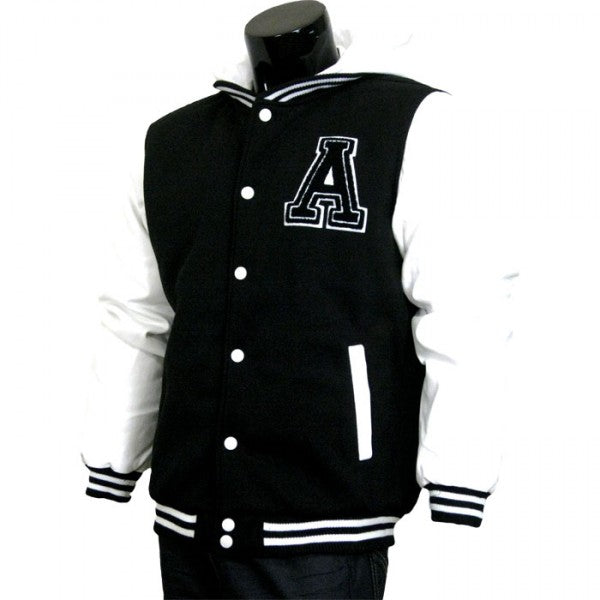 Varsity Jacket - Baseball Jacket - Letterman Jacket Men's Black Fleece Body and White Pleather Sleeves with Letter 'A'