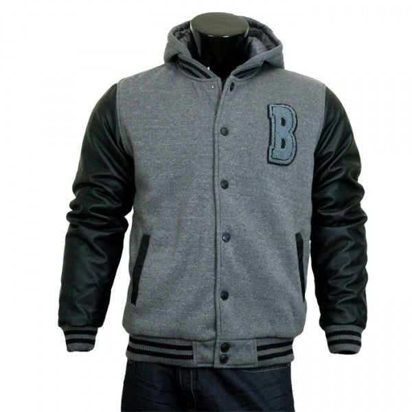 Varsity Jacket - Baseball Jacket - Letterman Jacket Men's Gray Fleece Body and Black Pleather Sleeves with Letter 'B'