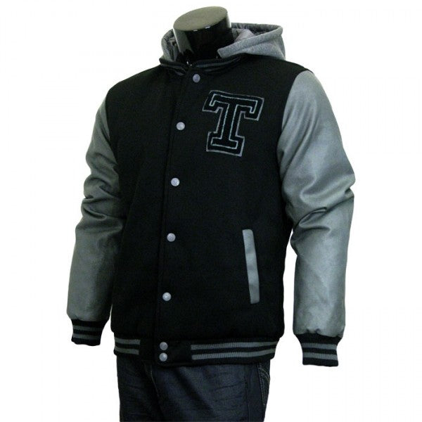 Varsity Jacket - Baseball Jacket - Letterman Jacket Men's Black Fleece Body and Gray Pleather Sleeves with Letter 'T'