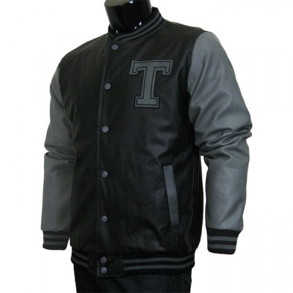 Varsity Jacket - Baseball Jacket - Letterman Jacket Men's All Pleather Jacket Black and Gray with Letter 'T'
