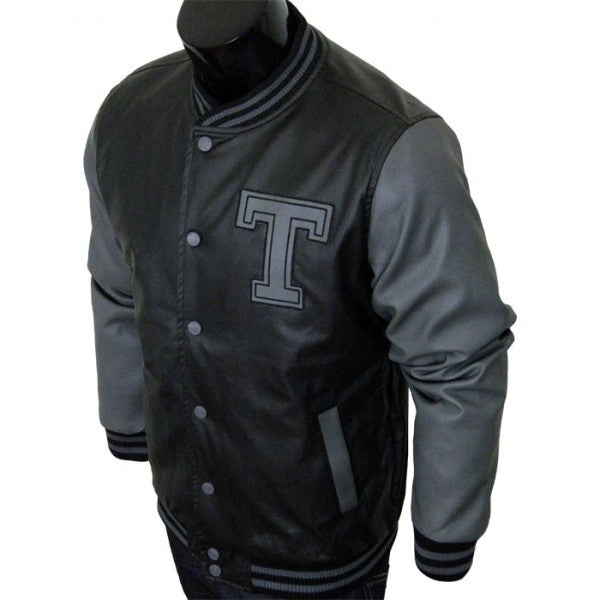 Varsity Jacket - Baseball Jacket - Letterman Jacket Men's All Pleather Jacket Black and Gray with Letter 'T'