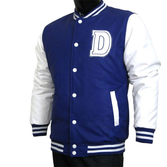 Varsity Jacket - Baseball Jacket - Letterman Jacket Men's All Pleather Jacket Navy and White with Letter 'D'