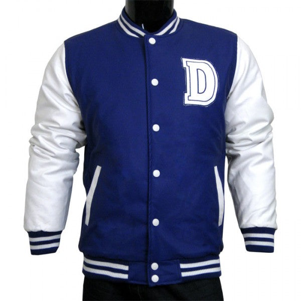 Varsity Jacket - Baseball Jacket - Letterman Jacket Men's All Pleather Jacket Navy and White with Letter 'D'