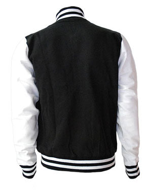 Baseball Jacket - Black Wool, White Pleather Sleeves with Lining